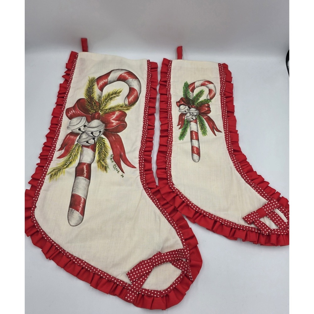 VTG‎ 80's 2~ Handmade Christmas Stockings Bells Candy Canes Wreaths Ruffles Red